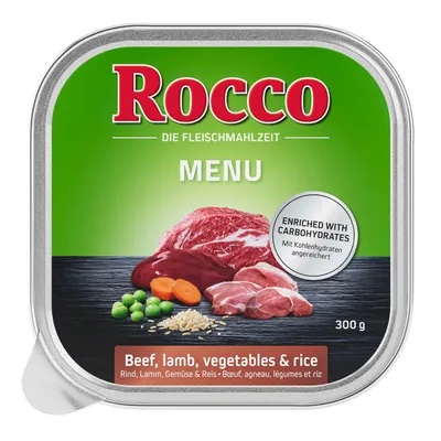 Rocco Menü, pasto a base di carne, 300g. Con manzo, agnello, verdure e riso. Arricchito con carboidrati.