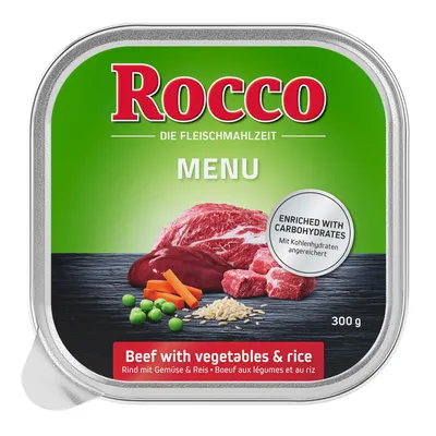 Rocco Menü, manzo con verdure e riso, arricchito con carboidrati. Lattina da 300g.