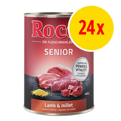 Rocco SENIOR Lamb & millet, 400 g purkki. Keltainen ympyrä: 24x. Teksti: Supporting Power & Vitality. Purkin etiketissä lampaanlihaa ja hirssiä.