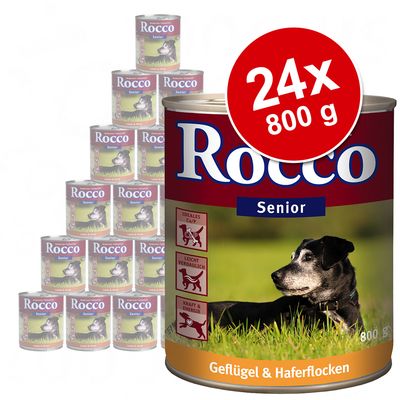 Lot de 24 boîtes Rocco Senior 800 g, Geflügel & Haferflocken, avec image d’un chien âgé et pictogrammes : idéal Ca/P, facilement digestible, force & énergie. Texte en allemand visible.