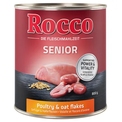 Rocco Senior, 800 g, visibili carne di pollame e fiocchi d'avena. Testo: Supporting Power & Vitality. Poultry & oat flakes. Die Fleischmahlzeit.
