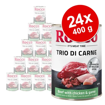 Rocco Trio di Carne, 24 pločevink po 400 g. Na embalaži: Beef with chicken & game, 3 varieties of meat and offal. Vidna slika mesa in drobovine.