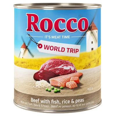 Rocco World Trip. Rind mit Fisch, Reis & Erbsen. Dose mit 800g Inhalt, Landschaft mit Windmühlen im Hintergrund.