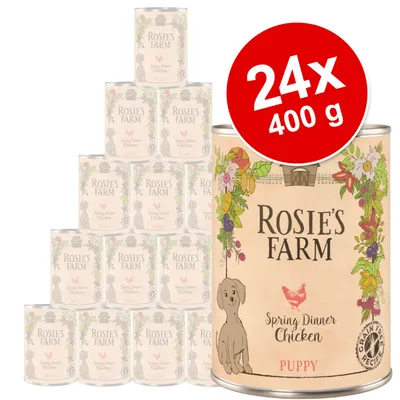 24 Dosen à 400 g Rosie's Farm Spring Dinner Chicken Puppy Nassfutter, abgebildet mit Produktname und Getreidefrei-Siegel.