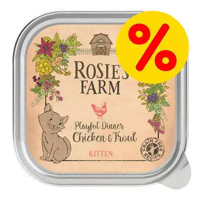 Rosie's Farm Playful Dinner Chicken & Trout KITTEN, Grain Free Recipe. Gul cirkel med rød procenttegn øverst til højre på emballagen.