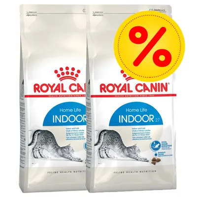 Royal Canin Home Life Indoor 27 kissanruokapakkaukset, kaksi pussia vierekkäin, oikeassa yläkulmassa keltainen alennusprosenttimerkki