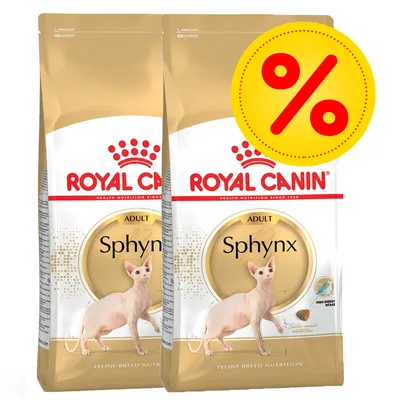 Kaksi Royal Canin Adult Sphynx -kuivaruokapussia kissoille, pakkauksessa sphynx-kissan kuva ja suuri keltainen alennusprosenttimerkki Kaksi Royal Canin Adult Sphynx -kuivaruokapussia kissoille, pakkauksessa sphynx-kissan kuva ja suuri keltainen alennusprosenttimerkki