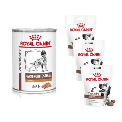 Royal Canin Veterinary Canine Gastrointestinal + 3 x 230 g Snacks gratis! 12 x 420 g Low Fat Mousse