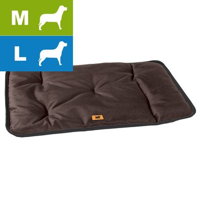 Materassino marrone per cani, taglie M e L indicate con sagome di cane e lettere. Etichetta arancione con icona cane visibile sul bordo.