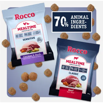 Rocco Mealtime Hundefutter. Sensitive: Chicken & Duck, Classic: Beef. 70% tierische Zutaten, getreidefreie Rezeptur, reich an frischem Fleisch. Packungsgröße: 80g.
