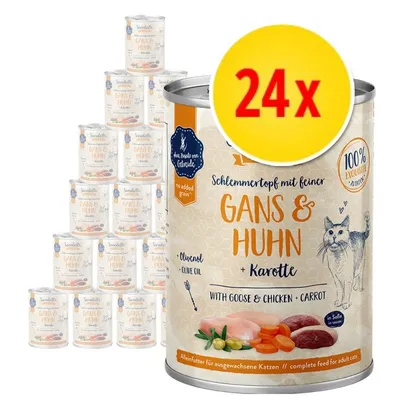 Sandelle Gans & Huhn + Karotte våtfoder för katt, 24-pack burkar. Text: no added grain, olivolja, 100 % exquisite, with goose & chicken & carrot.