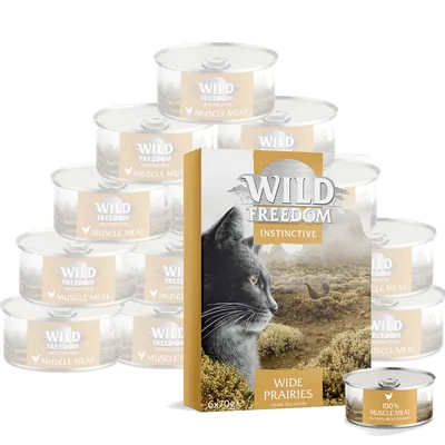 Wild Freedom Instinctive Wide Prairies macskaeledel csomag, dobozon fekete macska képe, 6×70 g, konzerv: Wild Freedom Instinctive Muscle Meat, 100% muscle meat felirat látható.