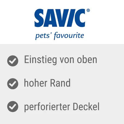 Savic. Einstieg von oben, hoher Rand, perforierter Deckel.