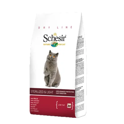 Schesir Nature for Cat Sterilized & Light, hrană uscată pentru pisici cu pui, protecție împotriva intoleranțelor, digestie ușoară, conținut redus de grăsimi, imagine ambalaj.