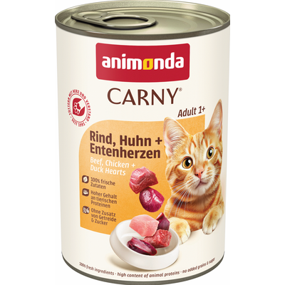 animonda Carny Adult 1+ Naudanliha, kana ja ankan sydämet. 100 % tuoreita ainesosia, korkea eläinproteiinipitoisuus, ilman lisättyä viljaa ja sokeria.