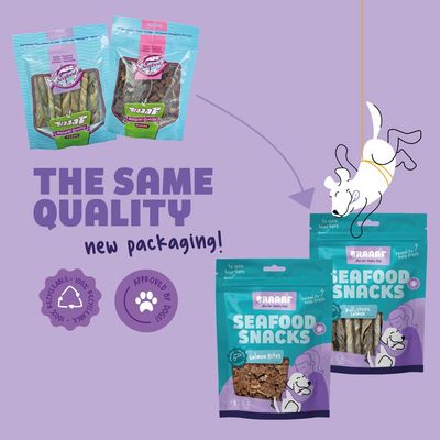 BRAAAF Seafood Snacks old and new packaging, salmon bites and roll sticks. Text: THE SAME QUALITY new packaging! Recyclable 100%, Approved by Dogs.