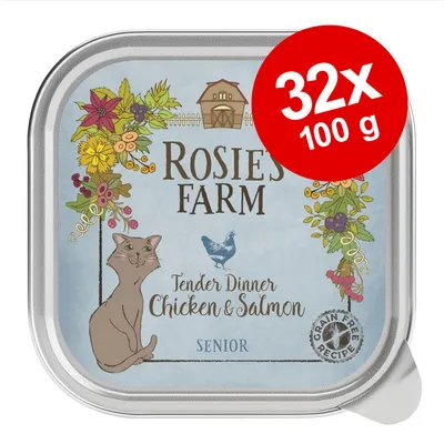 Rosie’s Farm Tender Dinner Chicken & Salmon Senior, spannmålsfritt recept. Förpackning med 32 x 100 g. Bild på katt och höns, blommor runt etiketten.