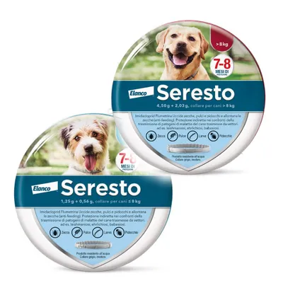 Elanco Seresto collare antiparassitario per cani, confezioni per >8 kg e ≤8 kg, protezione 7–8 mesi contro zecche, pulci, larve, pidocchi. Prodotto resistente all’acqua, grigio, inodore.