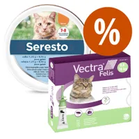 Pack Seresto collar para gatos 7–8 meses de protección y Vectra Felis 0,6–10 kg. Imagen de ambos envases con símbolo de porcentaje en círculo naranja.