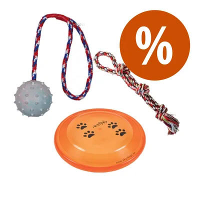 Set giochi per cani: palla con corda, frisbee arancione con impronte e scritta 'Activity', corda intrecciata. Simbolo percentuale bianco su sfondo arancione.