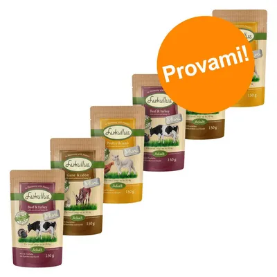 Confezioni di cibo per cani Lukullus Mini Adult 150 g, vari gusti visibili: Beef & turkey, Game & rabbit, Poultry & lamb. Cerchio arancione con testo: Provami!