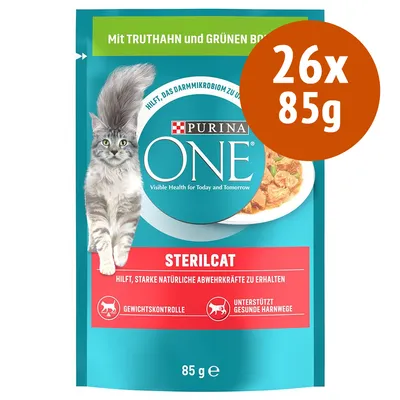Purina ONE Sterilcat, 26x85g, controllo del peso e supporto vie urinarie. Testo in tedesco: Mit Truthahn und grünen Bohnen, hilft starke natürliche Abwehrkräfte zu erhalten.