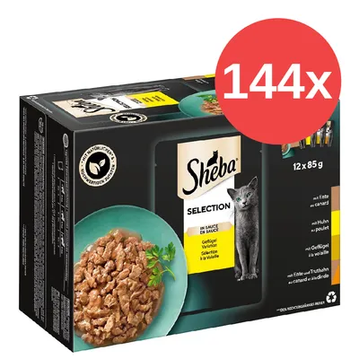 Caja de Sheba Selection en salsa, 12 x 85 g, variedad de ave. Texto visible: '144x' en círculo rojo, ingredientes naturales. Imagen de comida húmeda para gatos y foto de un gato.