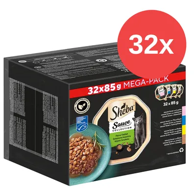 Sheba Sauce Collection Mega-Pack, 32 sobres de 85 g. Imagen del envase con foto de comida húmeda para gatos y lista visible de variedades: salmón, atún, pollo, pato.