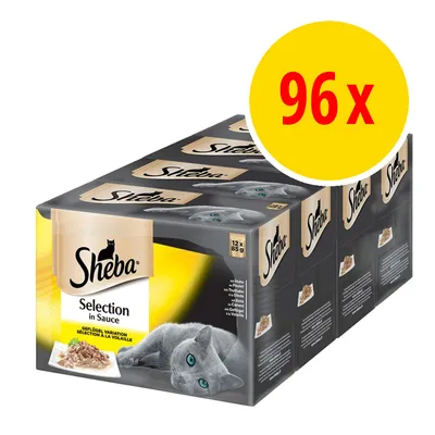 Sheba Selection in Sauce -kastikeruokaa kissoille, 96 x 85 g pakkauksessa. Pakkauksessa näkyy annospussien kuva ja teksti 'Geflügel Variation'.