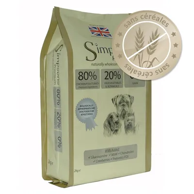 Sac de croquettes Simpsons Premium pour chiens adultes, 2 kg, 80 % poulet/poisson/dinde, 20 % fruits/légumes, sans céréales, ajout de glucosamine, MSM, chondroïtine, canneberges, prébiotiques FOS.