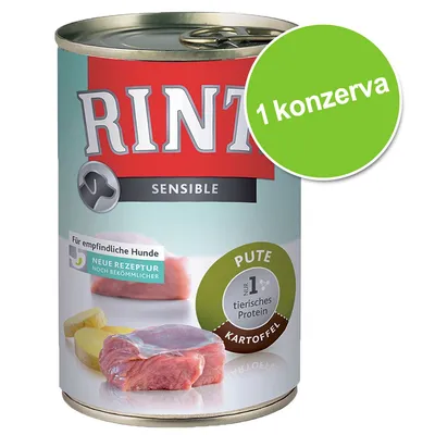 Konzerva RINTI Sensible Pute Kartoffel, nápis '1 konzerva', viditelné texty: Für empfindliche Hunde, Neue Rezeptur, Nur 1 tierisches Protein. Konzerva RINTI Sensible Pute Kartoffel, nápis '1 konzerva', viditelné texty: Für empfindliche Hunde, Neue Rezeptur, Nur 1 tierisches Protein.