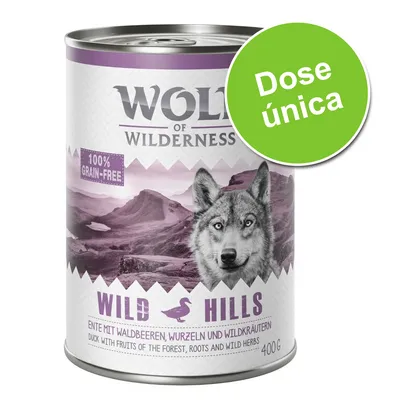 Wolf of Wilderness Wild Hills, 100% grain-free, Dose única, 400 g. Ente mit Waldbeeren, Wurzeln und Wildkräutern. Duck with fruits of the forest, roots and wild herbs.