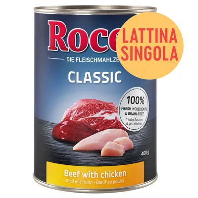 Rocco Classic lattina singola 400g, Beef with chicken. 100% fresh ingredients & grain-free. Immagine di carne di manzo e pollo. Testo in tedesco e inglese visibile sull'etichetta.