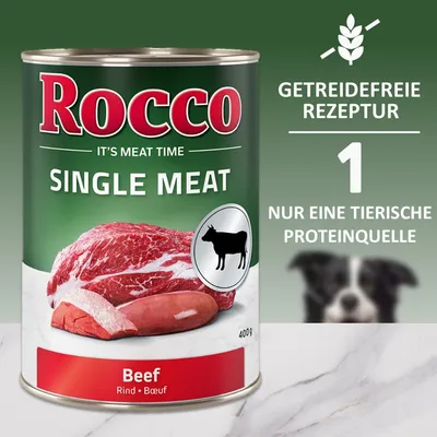 Rocco Single Meat Beef 400 g, recette sans céréales, une seule source de protéine animale. Texte en allemand : Getreidefreie Rezeptur, nur eine tierische Proteinquelle.