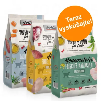MAC's Super Food for Cats, tri balenia: losos, kačica a králik. Nápis v oranžovom kruhu: Teraz vyskúšajte! Viditeľné informácie o príchutiach a hmotnosti 1,5 kg. MAC's Super Food for Cats, tri balenia: losos, kačica a králik. Nápis v oranžovom kruhu: Teraz vyskúšajte! Viditeľné informácie o príchutiach a hmotnosti 1,5 kg.