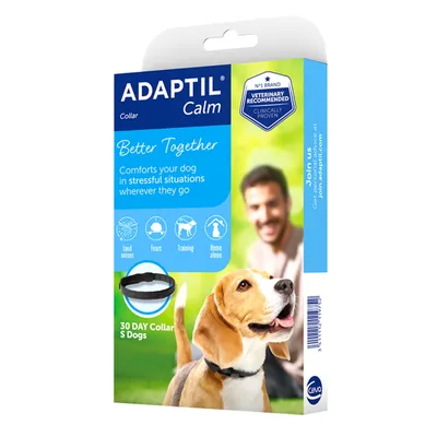 ADAPTIL Calm collar packaging showing product use for comforting dogs in stressful situations such as loud noises, fears, training, and being home alone. 30 day collar for small dogs. ADAPTIL Calm collar packaging showing product use for comforting dogs in stressful situations such as loud noises, fears, training, and being home alone. 30 day collar for small dogs.
