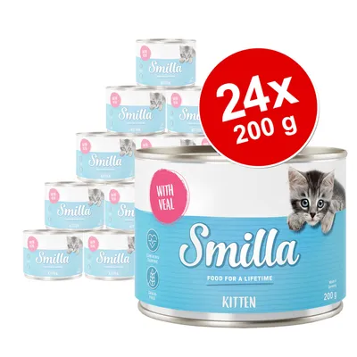 Smilla Kitten våtfoder med kalv, 24 x 200 g burkar. Text på burk: WITH VEAL, CONTAINS TAURINE, GRAIN-FREE, FOOD FOR A LIFETIME. Bild på kattunge på etiketten.