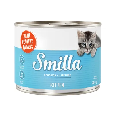 Smilla Kitten, 200 g. Z widocznym tekstem: WITH POULTRY HEARTS, CONTAINS TAURINE, GRAIN-FREE, FOOD FOR A LIFETIME. Obrazek kota na opakowaniu.