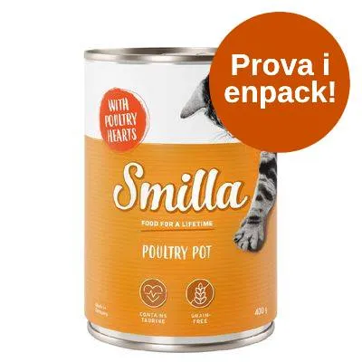 Smilla Poultry Pot 400 g, med texten 'With poultry hearts', 'Contains taurine', 'Grain-free' och orange cirkel med texten 'Prova i enpack!'. Smilla Poultry Pot 400 g, med texten 'With poultry hearts', 'Contains taurine', 'Grain-free' och orange cirkel med texten 'Prova i enpack!'.
