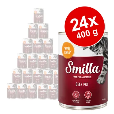 Smilla Beef Pot med kalkon, 24 x 400 g burkar. Text: WITH TURKEY, FOOD FOR A LIFETIME, CONTAINS TAURINE, GRAIN-FREE. Bild på katt och staplade burkar i bakgrunden.