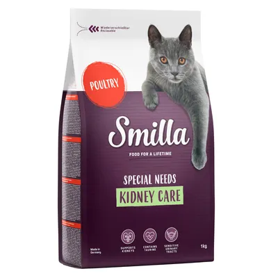 Smilla Special Needs Kidney Care корм для кошек с птицей, поддерживает почки, содержит таурин, для чувствительных мочевыводящих путей, упаковка 1 кг, произведено в Германии, повторно закрываемый.