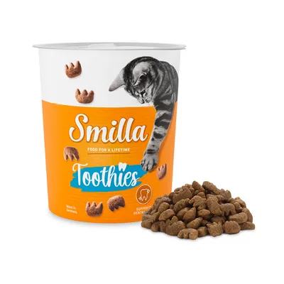 Smilla Toothies, tandvårdssnacks för katter. Stödjer tandhälsan. Tillverkad i Tyskland.