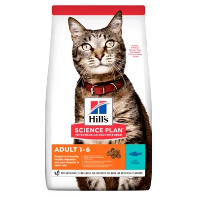 Hill's Science Plan Adult 1-6 with tuna, supports immunity, healthy digestion and lean muscles in adult cats. Not artificially preserved, no synthetic colours or artificial flavours.