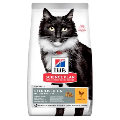 Bag labelled Science Plan Sterilised Cat Mature Adult 7+ with chicken, supports healthy body weight and kidneys in older sterilised cats. Not artificially preserved or coloured.