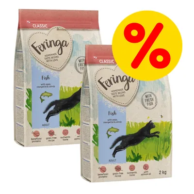 To poser Feringa Classic Fish kattefoder, 2 kg, med teksten 'with peas, courgette & catnip', 'with fresh fish' og gult procenttegn for tilbud.