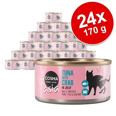 Cosma Asia Tuna with Crab in Jelly, multipack 24×170 g. Na obale čierna silueta mačky, text: multi protein, pure fish & seafood.