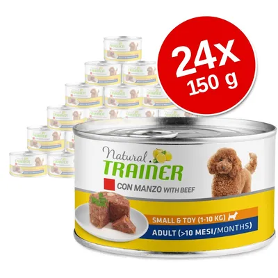 Set 24x150 g conserve Natural Trainer Con Manzo with Beef pentru câini mici (1–10 kg), adult (>10 luni). Etichetă cu imagine de câine și hrană pe farfurie. Text în italiană/engleză.