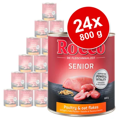 Conservă Rocco Senior, 800 g, pachet 24 bucăți. Text vizibil: Poultry & oat flakes, Supporting Power & Vitality. Imagine cu carne de pasăre și fulgi de ovăz pe etichetă.