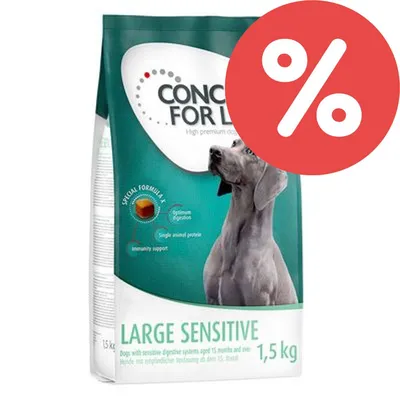 Confezione di crocchette Concept for Life Large Sensitive 1,5 kg per cani, con simbolo percentuale rosso che indica offerta o sconto visibile sull'immagine.