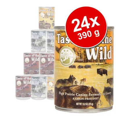 Pack de 24 latas Taste of the Wild, cada uma com 390 g. Texto visível: 'High Prairie Canine Formula in Gravy', 'A Grain-Free Diet'. Rótulos em inglês.